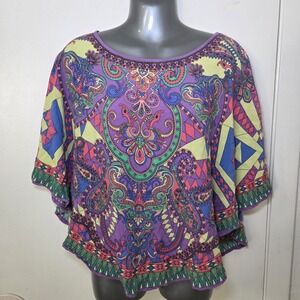 Flying Tomato Boho Paisley Poncho Blouse Colorful Batwing Festival Top S/M